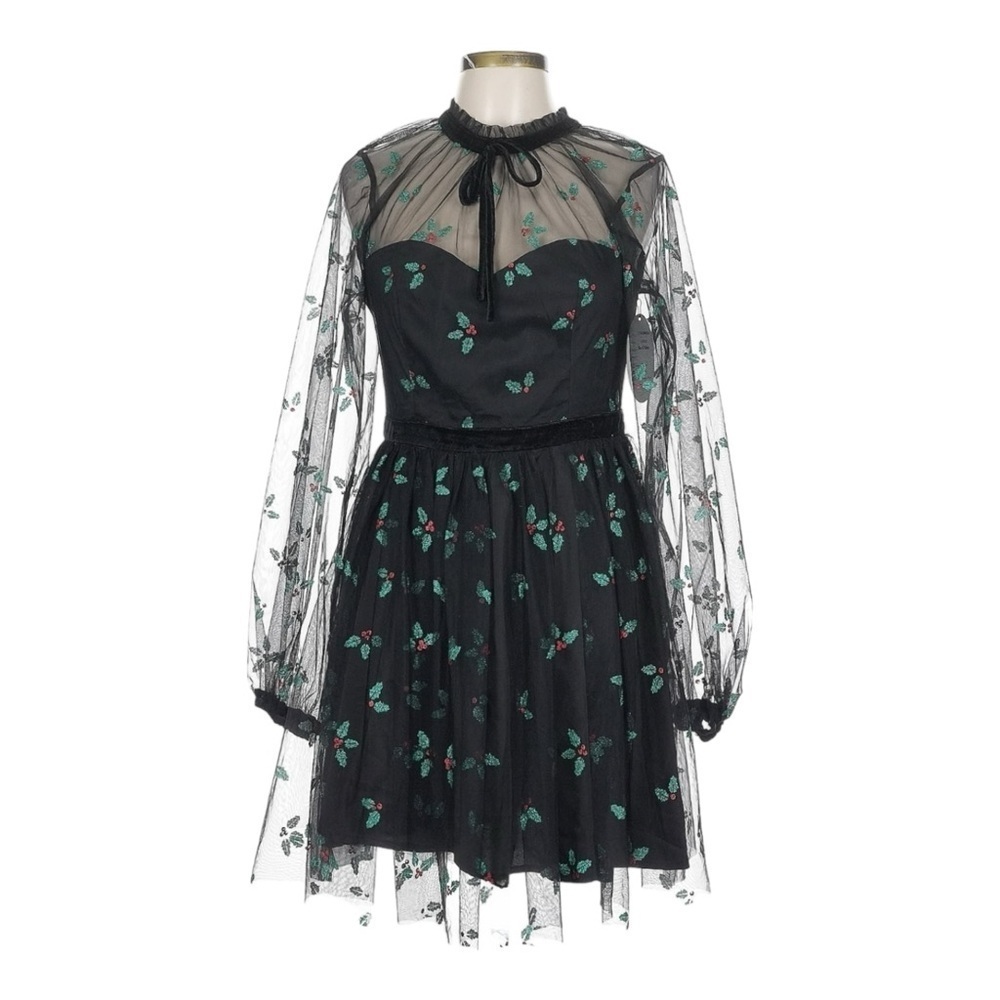 Unique Vintage Black Mistletoe Glitter Mesh Holiday Party Dress L 10-12 NWT
